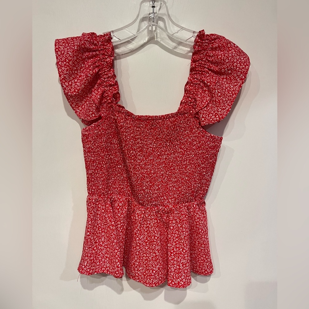 Red Square Neck Ruffled Floral Patterned Top - image 5